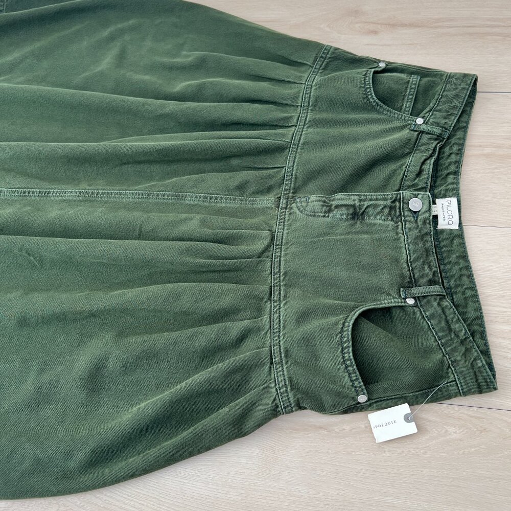 NWT Anthropologie Pilcro Pleated Basque-Waist Olive Green Denim Midi Skirt Sz 16 - Picture 8 of 14